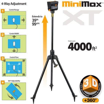 Melnor 65178AMZ MiniMax Turbo rociador oscilante sobre trípode, 4000 sq. Pies, 4 vías Ajustable, Paquete de conexión rápida, Negro, Amarillo