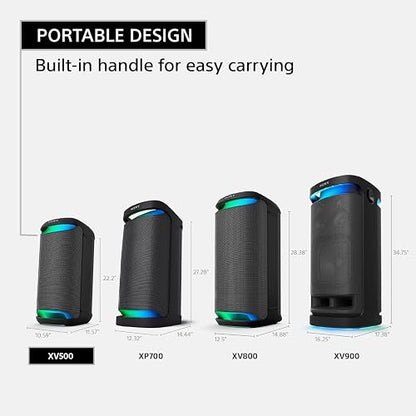 Bocina inalámbrica portátil Sony XV500, hasta 25 Horas de batería | Batería de 20 horas con carga rápida, resistente a salpicaduras IPX4, luces ambientales, panel táctil iluminado, mango cómodo