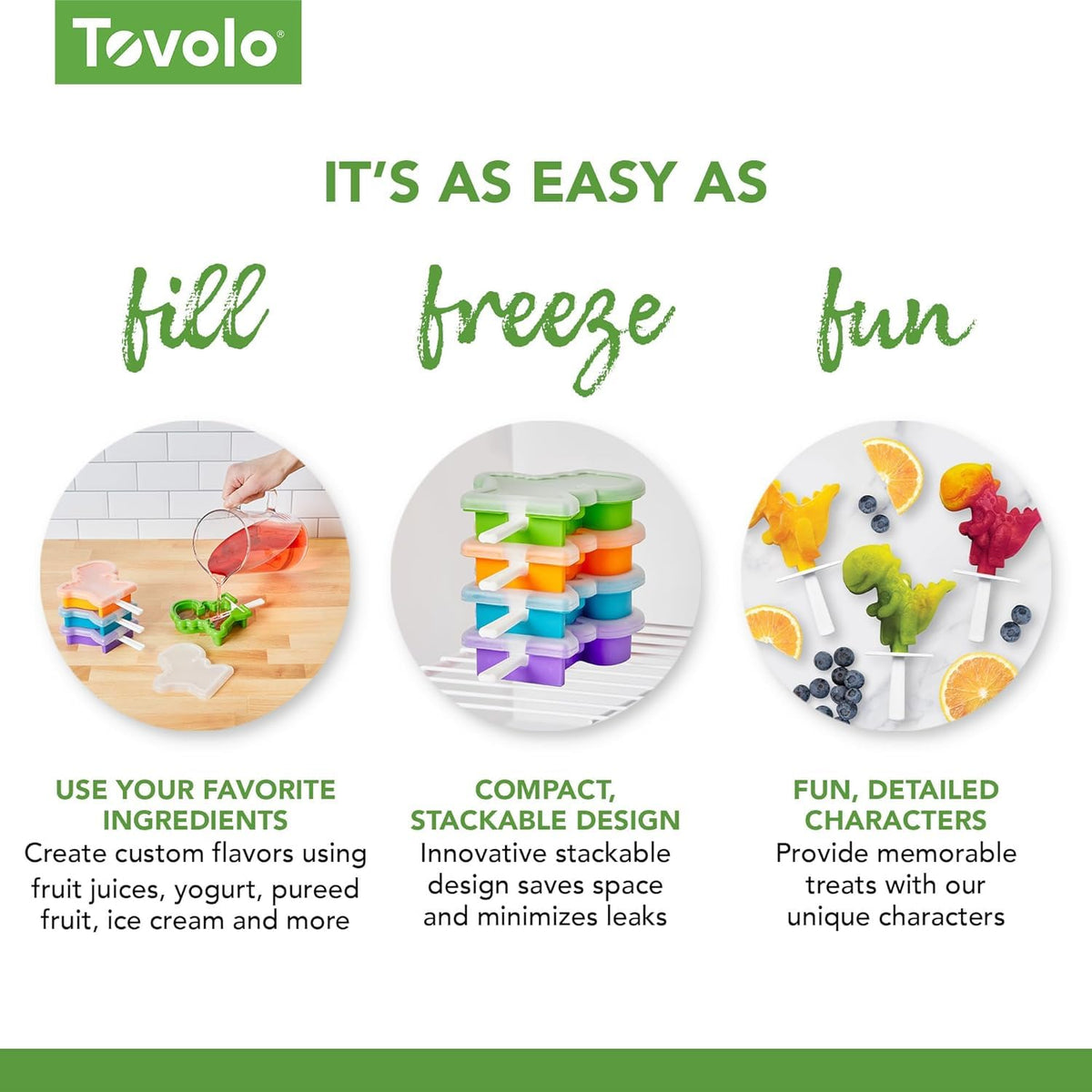 Tovolo - Moldes de silicona para paletas con varillas (4 unidades, dino) – Moldes reutilizables para hielo caseros y aperitivos congelados – Fabricante de paletas apilables con tapa, apto para