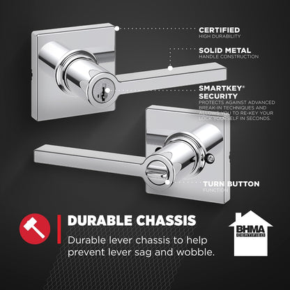 Kwikset Casey - Manija de puerta de entrada con cerradura y llave, palanca reversible con llave segura exterior, cerradura de puerta, para entrada frontal y dormitorios, cromo pulido, resistente a la