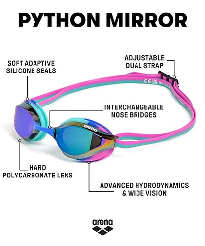 Arena - anteojos de natación unisex de Python Racing para hombres y mujeres, antivaho, sin fugas, máxima comodidad, doble correa, lente espejo/sin espejo