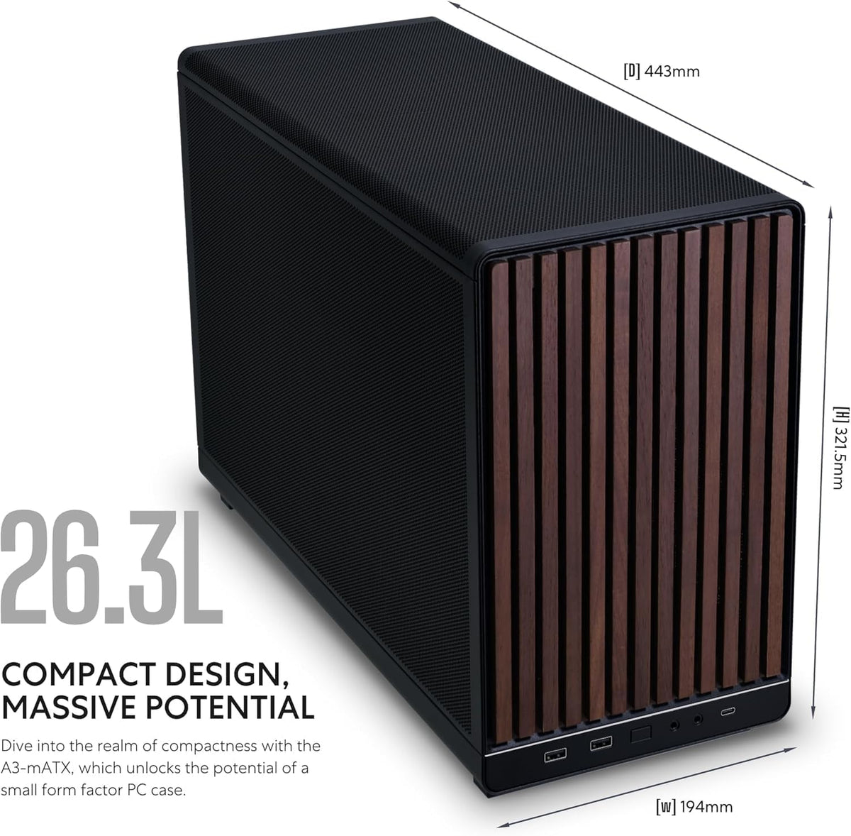Lian Li A3-mATX-WD-26.3L chasis de Factor de Forma Micro, sin Ventiladores incluidos, Compatible con diseño AIO de modularidad de 360 mm, para M-ATX, ITX Placa Base Dan Cases Collaboration-Panel