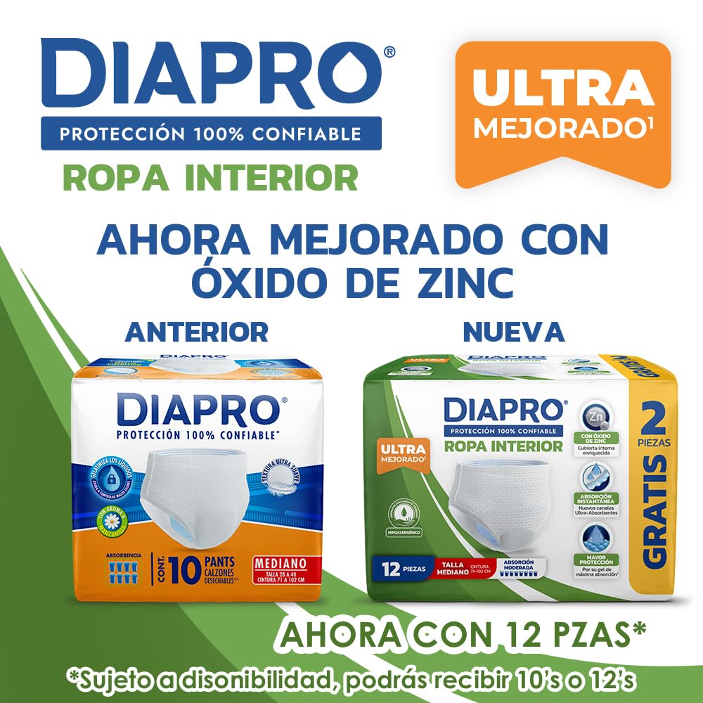 Diapro Pants Calzones Desechables para Incontinencia, Talla Mediana, Unisex, Caja con 80 Piezas (8 paquetes de 10 piezas c/u), Corte discreto
