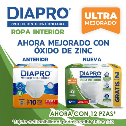 Diapro Pants Calzones Desechables para Incontinencia, Talla Mediana, Unisex, Caja con 80 Piezas (8 paquetes de 10 piezas c/u), Corte discreto
