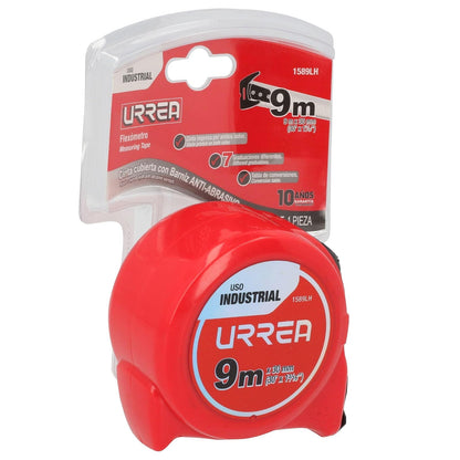Urrea 1589LH Flexómetro Industrial con Hoja de Acero y Carátula de ABS + TPR, 9 M × 30 Mm, 3 Remaches