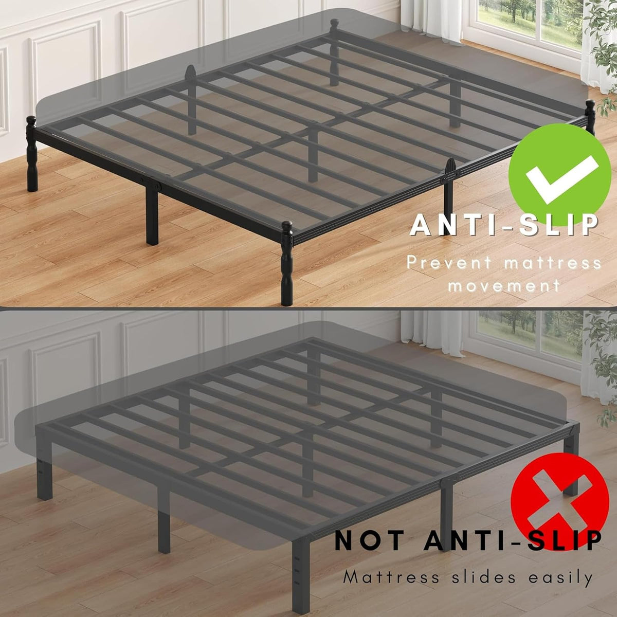 ZIYOO - Marco de Cama de Plataforma de Metal tamaño King de 14 Pulgadas con Estilo clásico, tapón Deslizante de colchón, Listones de Acero Resistentes de 1500 Libras, no Necesita somier, sin Ruido