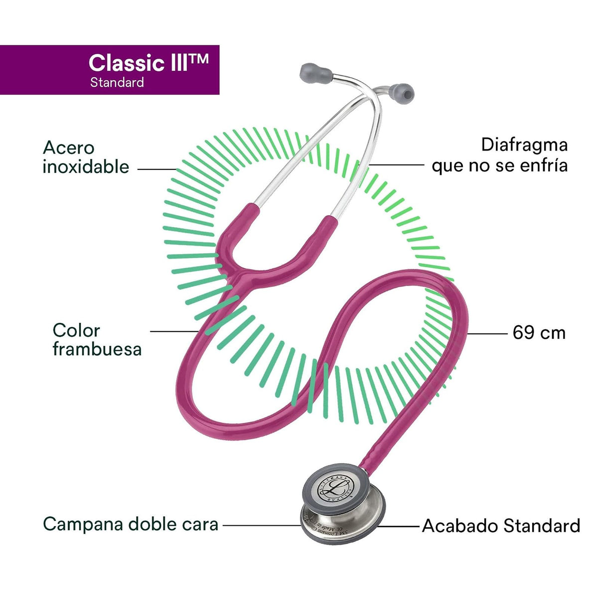 3M Littmann Estetoscopio Classic III, Manguera Color Frambuesa, Acabado Standard, 69 cm (Modelo 5648)