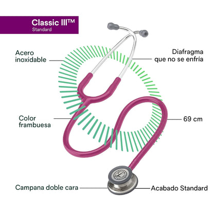 3M Littmann Estetoscopio Classic III, Manguera Color Frambuesa, Acabado Standard, 69 cm (Modelo 5648)