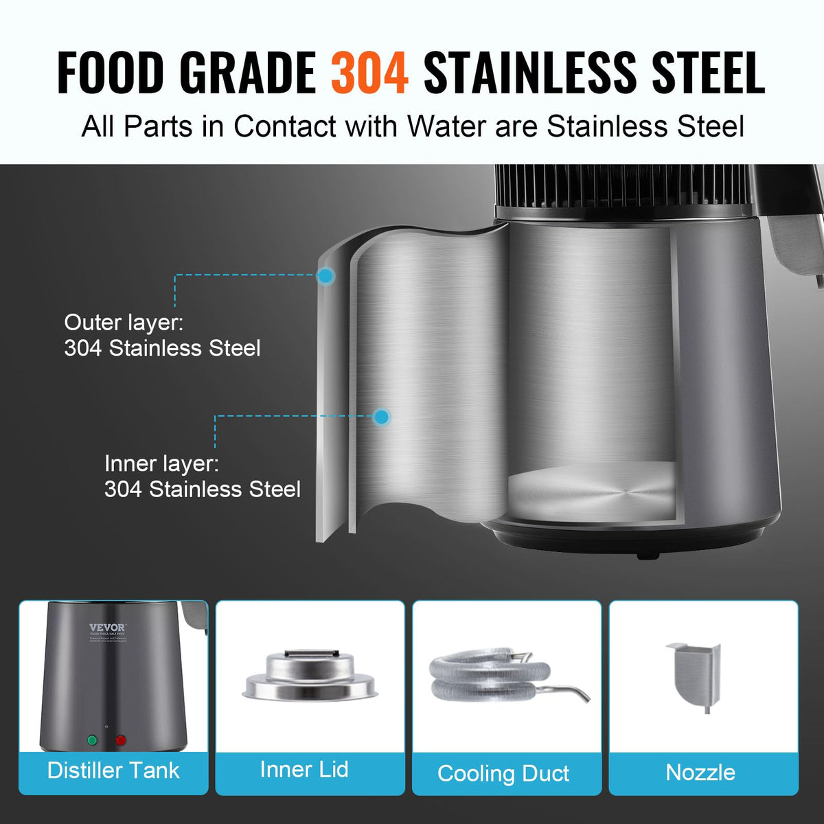 VEVOR Destilador de agua, filtro purificador de agua pura de 4 l y 1,05 galones para encimera del hogar, máquina de agua destilada de 750 W, destilador interior de acero inoxidable, color gris