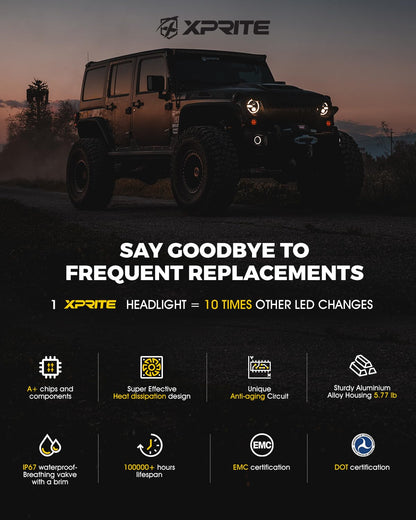 Xprite Faros LED de 7 in con Señal de Giro Ámbar y Halo, Compatible con Jeep Wrangler