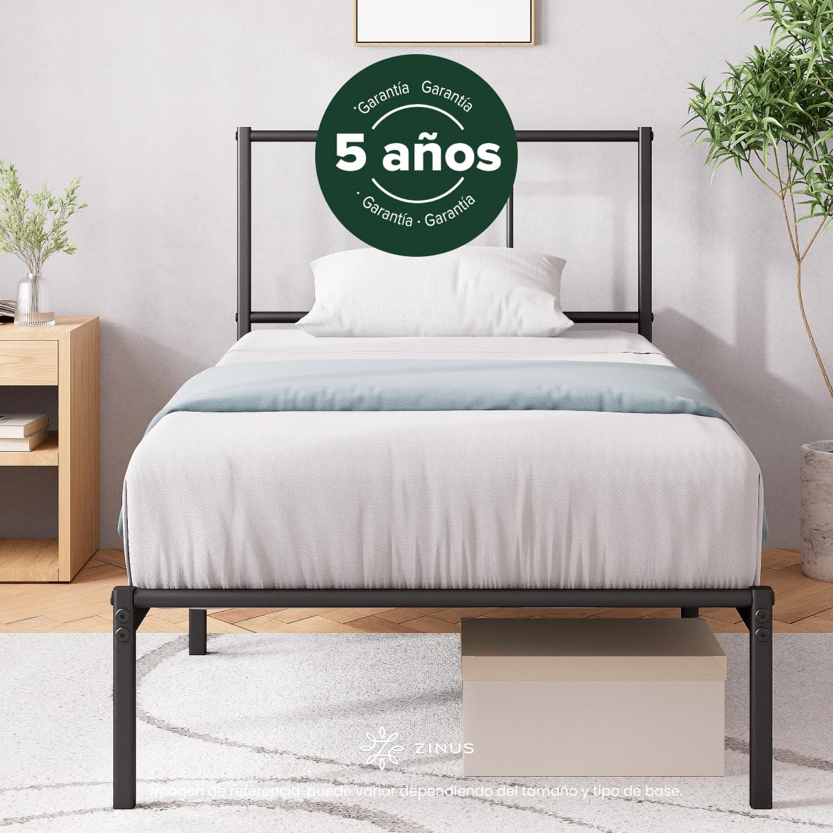 Zinus Florence | Base de Cama con Cabecera Metálica Individual Color Negro Estilo Moderno Base Resistente de Fácil Armado | Embalaje en Caja