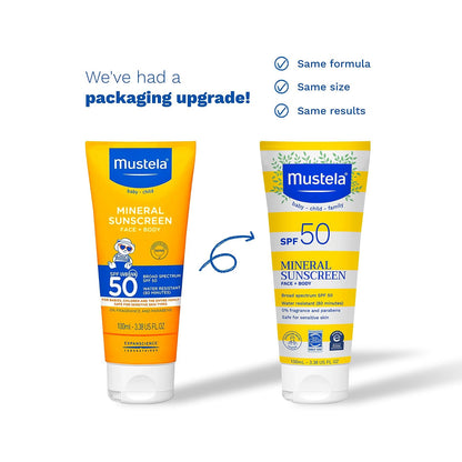 Mustela Baby Mineral Sunscreen Lotion SPF 50 Amplio espectro - Loción solar para rostro y cuerpo para pieles sensibles - No nano, resistente al agua y sin fragancia - 3.38 fl. onz