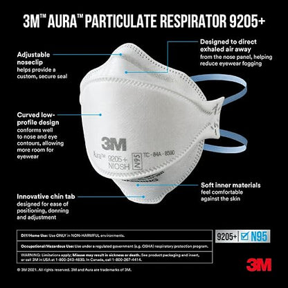 3M Aura - Respirador de partículas 9205+ N95, 20 unidades