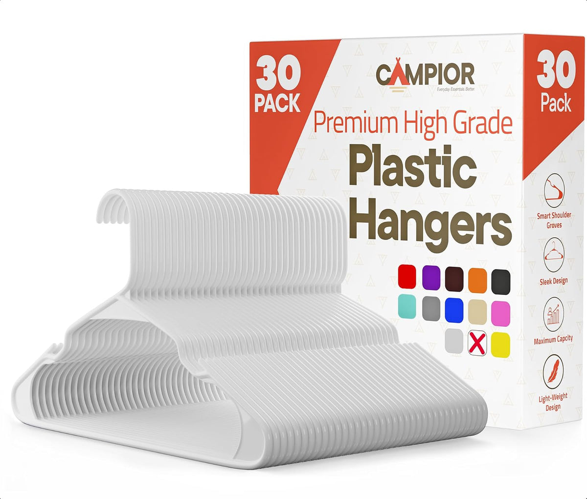 Campior Premium Clothes Hangers – Space-Saving Slim Design, Lightweight and Durable Plastic with Smart Shoulder Grooves, Versatile Usage for Organizing Laundry, Coats, and Clothes, White, Pack of 30 - 30 Pack - Blanco