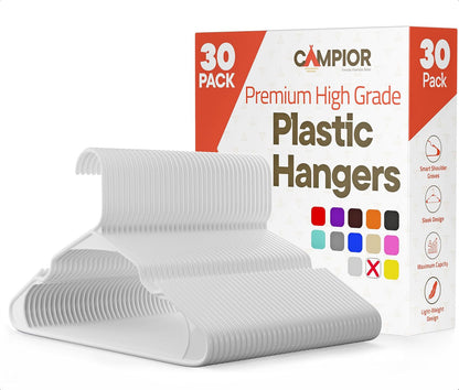 Campior Premium Clothes Hangers – Space-Saving Slim Design, Lightweight and Durable Plastic with Smart Shoulder Grooves, Versatile Usage for Organizing Laundry, Coats, and Clothes, White, Pack of 30 - 30 Pack - Blanco