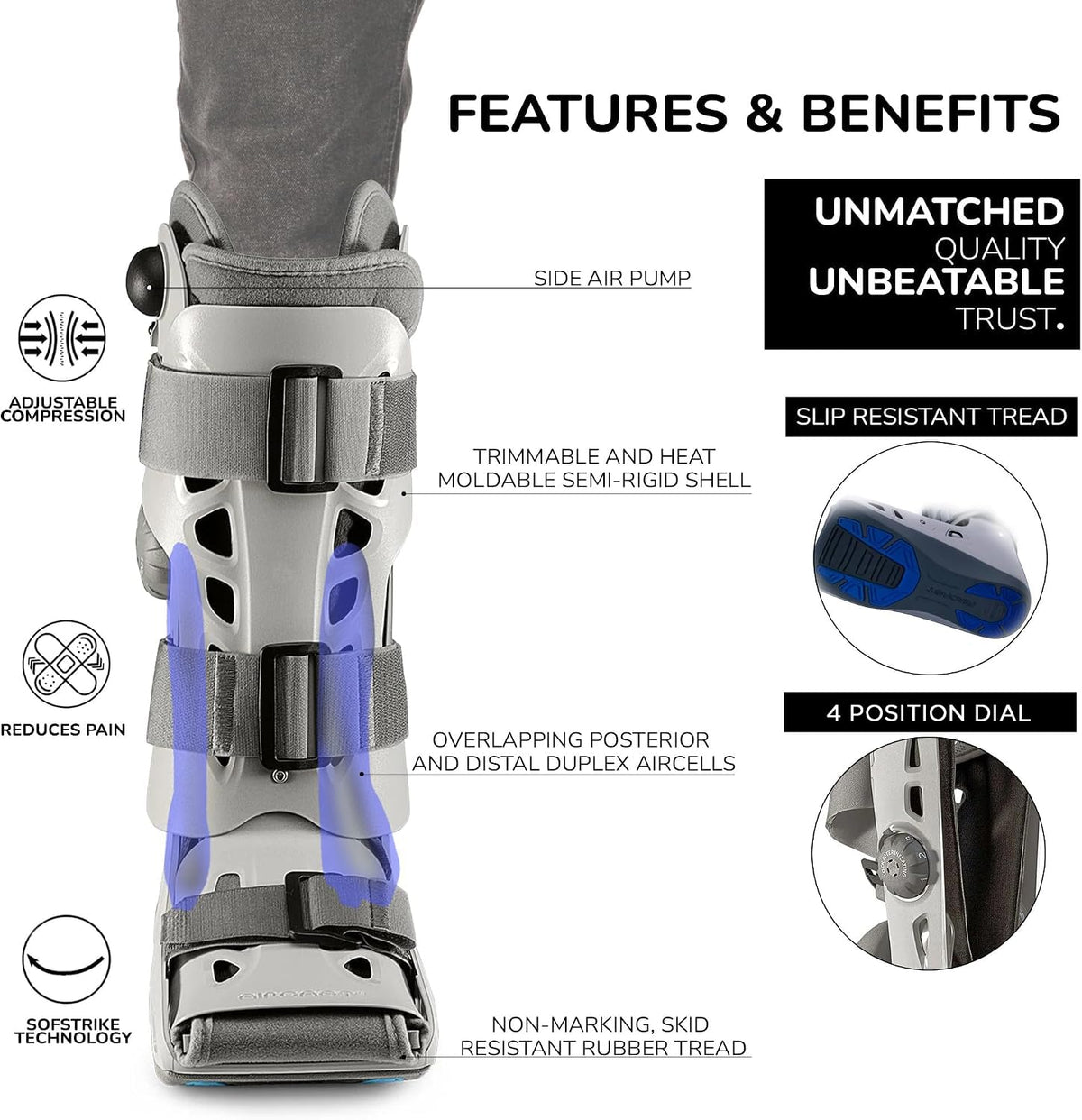 Aircast Airselect Elite Walker Boot, ajuste universal, mediano (gris) | Carcasa semirrígida, celdas de aire dúplex para control de edema, inflado integrado