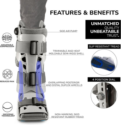 Aircast Airselect Elite Walker Boot, ajuste universal, mediano (gris) | Carcasa semirrígida, celdas de aire dúplex para control de edema, inflado integrado