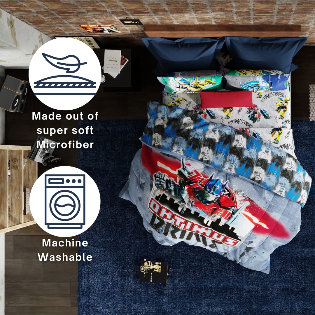 Franco Transformers Battle in Brooklyn Optimus Prime - Juego de edredón y sábanas súper Suaves para niños con Funda, 5 Piezas de tamaño matrimonial (Producto Oficial con Licencia)