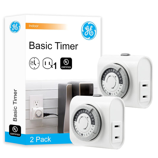 GE Mechanical 2 pack, 2 featuring 56177 24-Hour Indoor Basic Timer, 1 Polarized Outlet, Plug-In, Daily On/Off Cycle, 30 Minute Interval, for Lamps, Seasonal Appliances, and Portable Fans, White