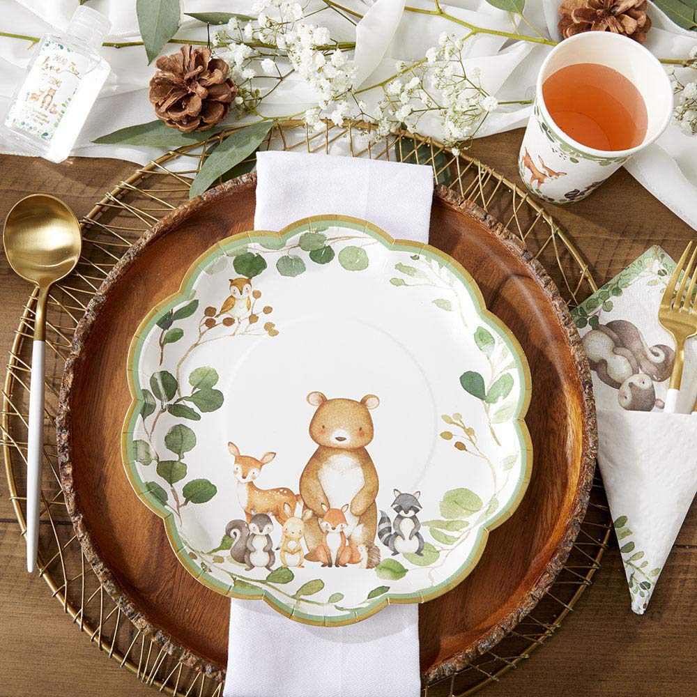 Kate Aspen Woodland - Decoraciones para baby shower, 62 piezas, platos de papel desechables y servilletas, suministros de fiesta para 16 invitados, tema de animales del bosque para decoración de mesa