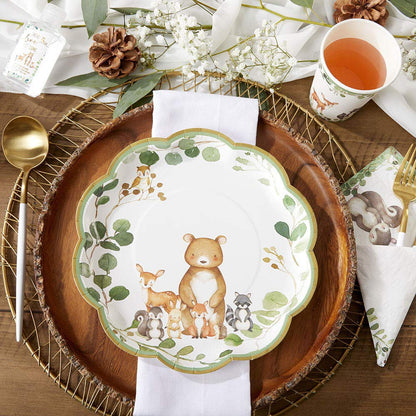 Kate Aspen Woodland - Decoraciones para baby shower, 62 piezas, platos de papel desechables y servilletas, suministros de fiesta para 16 invitados, tema de animales del bosque para decoración de mesa