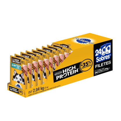 Pedigree - High Protein Alimento para Perro Adulto, 24 Sobres, Sabor Cerdo y Res, 85g c/u, con Proteína, Antioxidantes y Vitamina E
