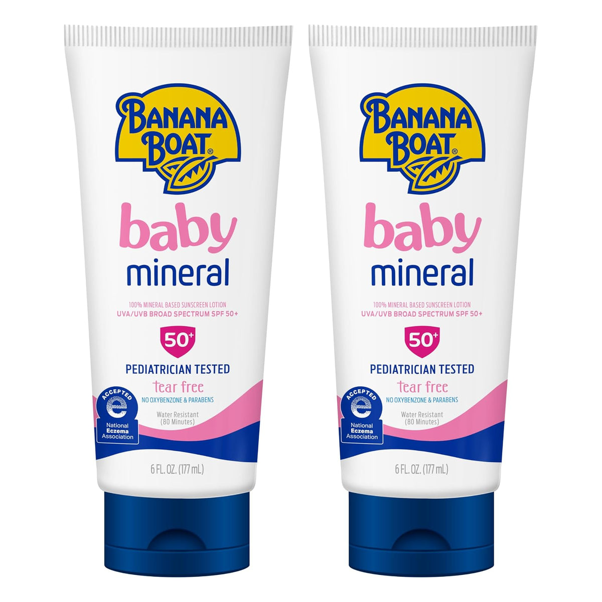 Banana Boat Baby 100% Mineral, Tear-Free, Reef Friendly, Broad Spectrum Sunscreen Lotion, SPF 50, 6oz. , 2 Count (Pack of 1)