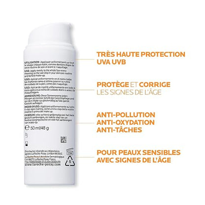 La Roche-Posay Anthelios Age Correct Protector Solar Facial Antiedad Con Ácido Hialurónico Y Phe-Resorcinol, Reduce Arrugas Corrige Manchas, Textura No Grasa, Tono Invisible, 50 ml