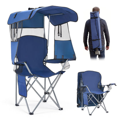 VEVOR Silla de Camping Plegable con Sombrilla Capacidad Máxima de 150 kg, Silla de Camping Portátil con Toldo Tela Oxford, Compartimento para Revistas, Portavasos y Bolsillo para Exteriores Pesca