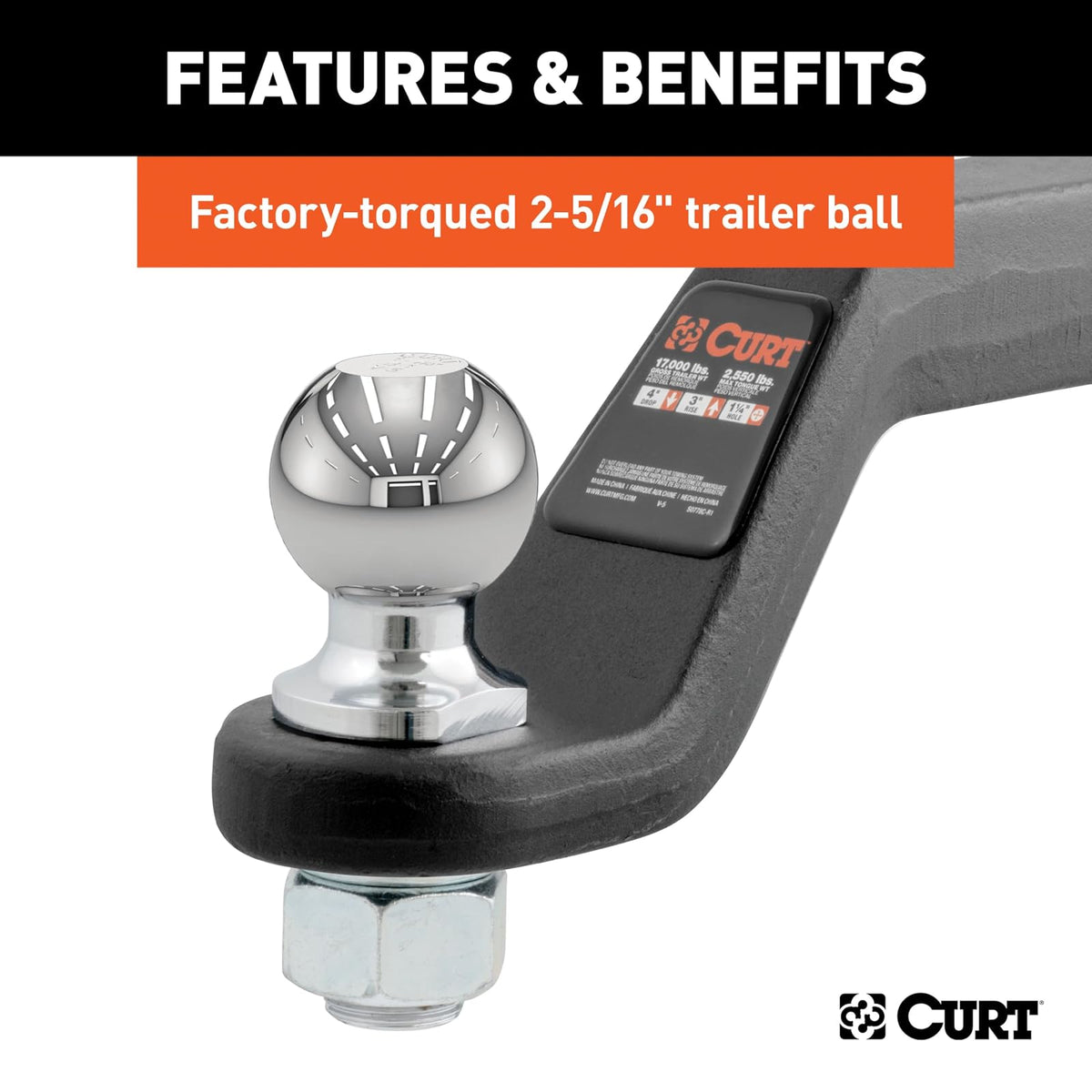 CURT Soporte de Enganche de Remolque con Bola de 2-5/16 in y Pin para Receptor de 2 in 45332, 15000 LB, Caída de 4 in, Negro