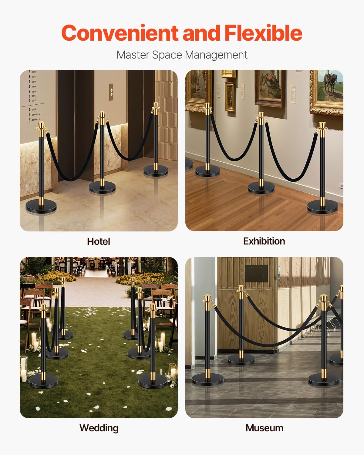 VEVOR 6 PCS Poste de Estaca de Acero Inoxidable de 1,5 m con Base Hueca de Inyección de Arena y 4 Cuerdas de Terciopelo Negro, Barreras de Control de Multitudes para Teatro, Fiesta, Boda, Negro