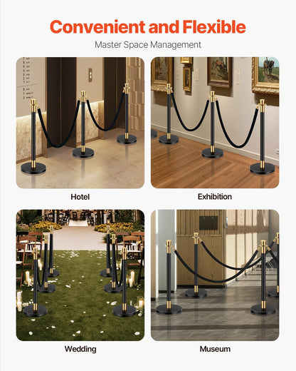 VEVOR 6 PCS Poste de Estaca de Acero Inoxidable de 1,5 m con Base Hueca de Inyección de Arena y 4 Cuerdas de Terciopelo Negro, Barreras de Control de Multitudes para Teatro, Fiesta, Boda, Negro