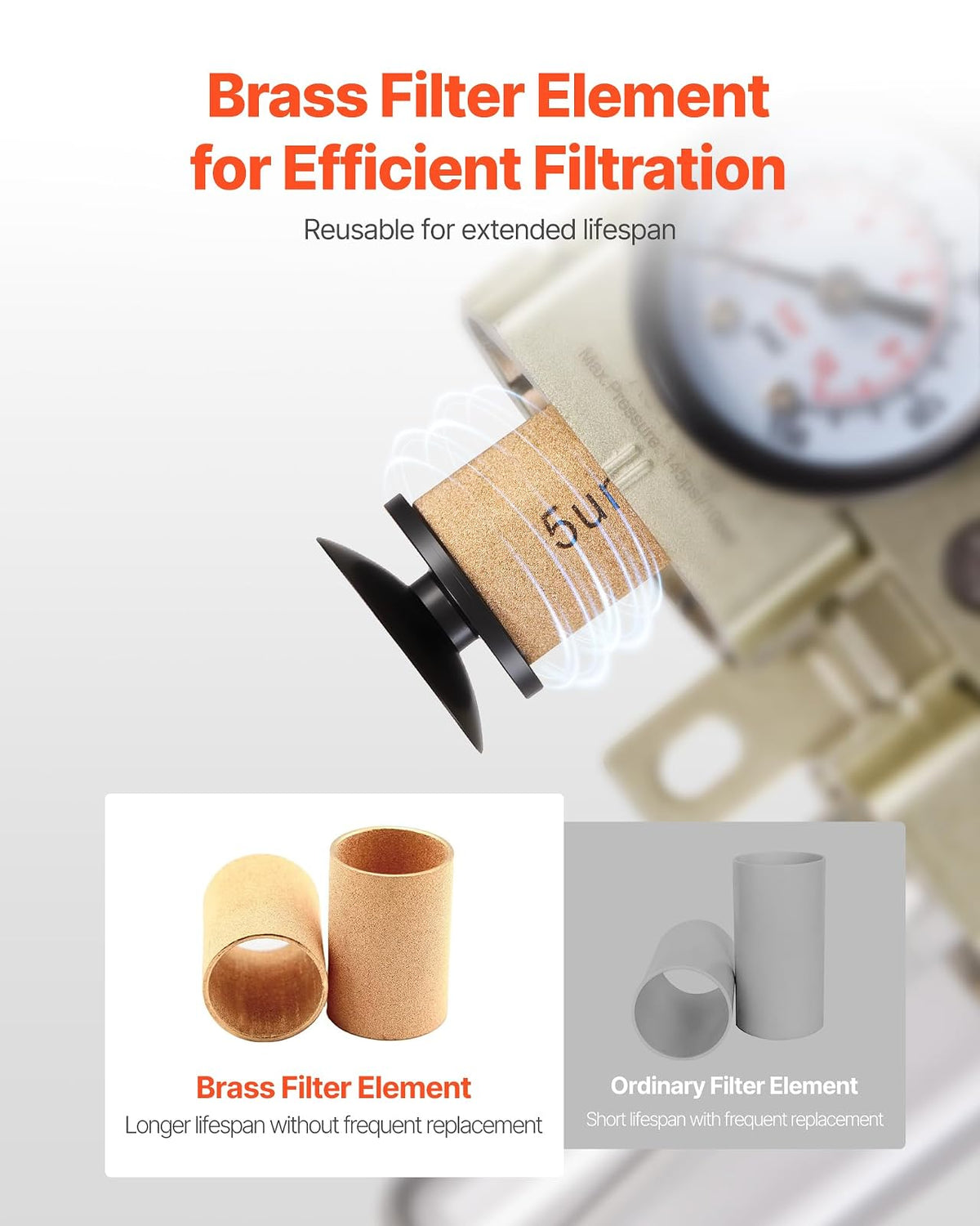 VEVOR Lubricador regulador de filtro para compresor de aire (FRL), separador de agua para compresor de aire de 3/8" NPT, sistema de secado de aire con drenaje semiautomático con elemento filtrante