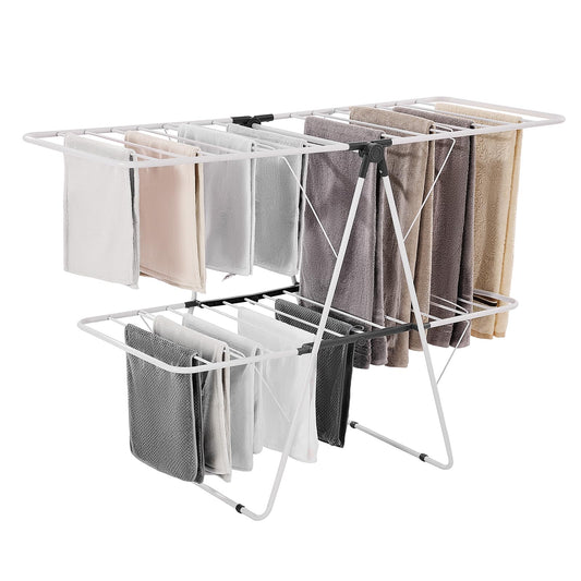 VEVOR Tendedero Plegable 2 Niveles con Pinzas para Calcetines Tendedero de Ropa 1470 mm de Tendido 31 Barras de Secado Tubos de Hierro y Plástico PP Altura Ajustable para Exterior, Interior, Blanco