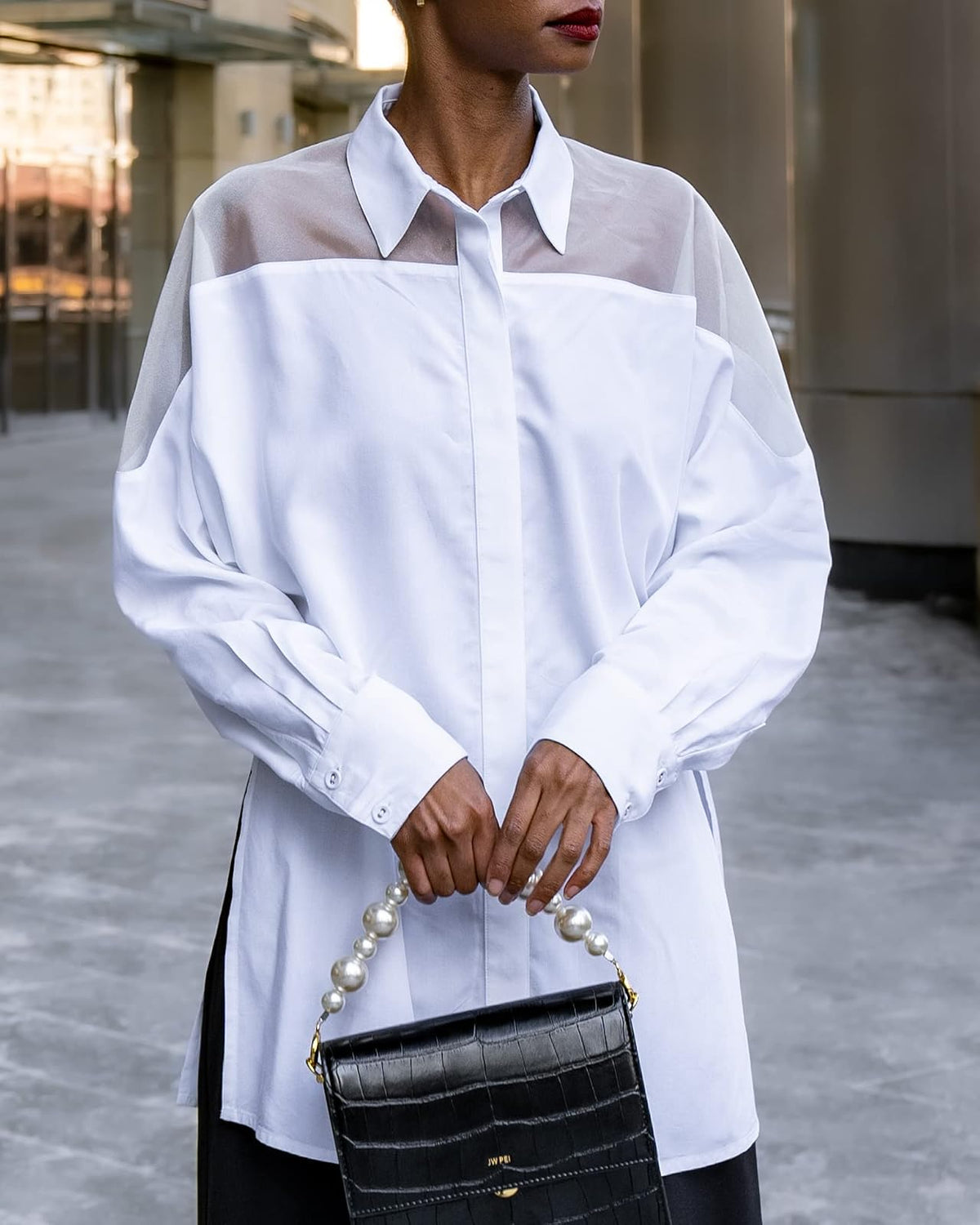 The Drop @signedblake - Camisa blanca con botones y canesú de organza, XXG, talla grande