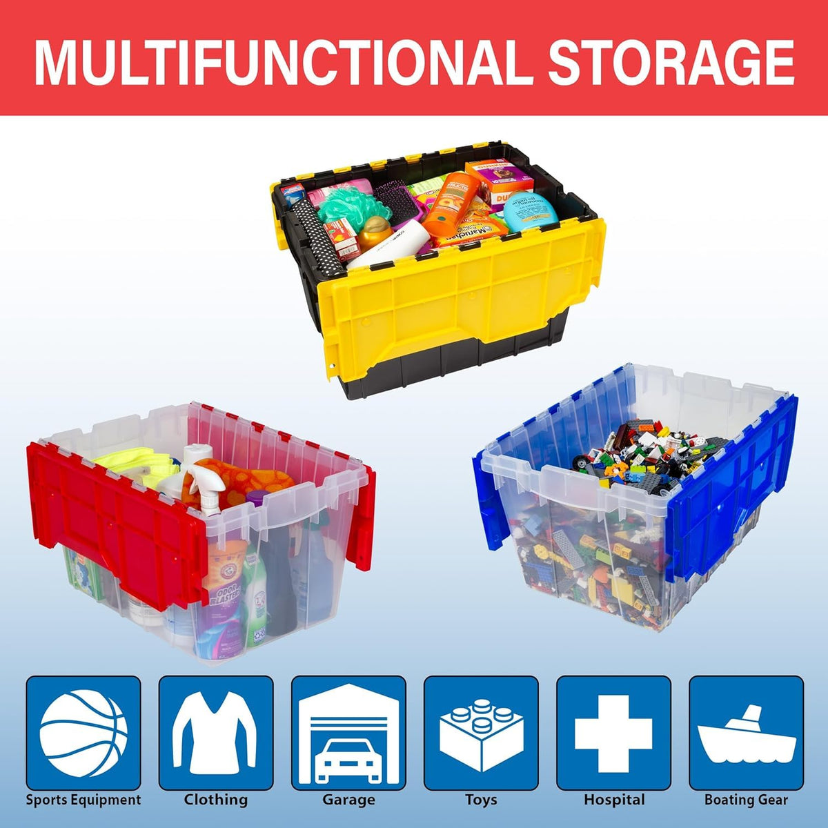 Akro-Mils KeepBox Contenedor de almacenamiento de 12 galones, caja de almacenamiento de plástico apilable y anidable con tapa adjunta, bolsa transparente para garajes, armarios y mudanzas, 21-1/2 x 15
