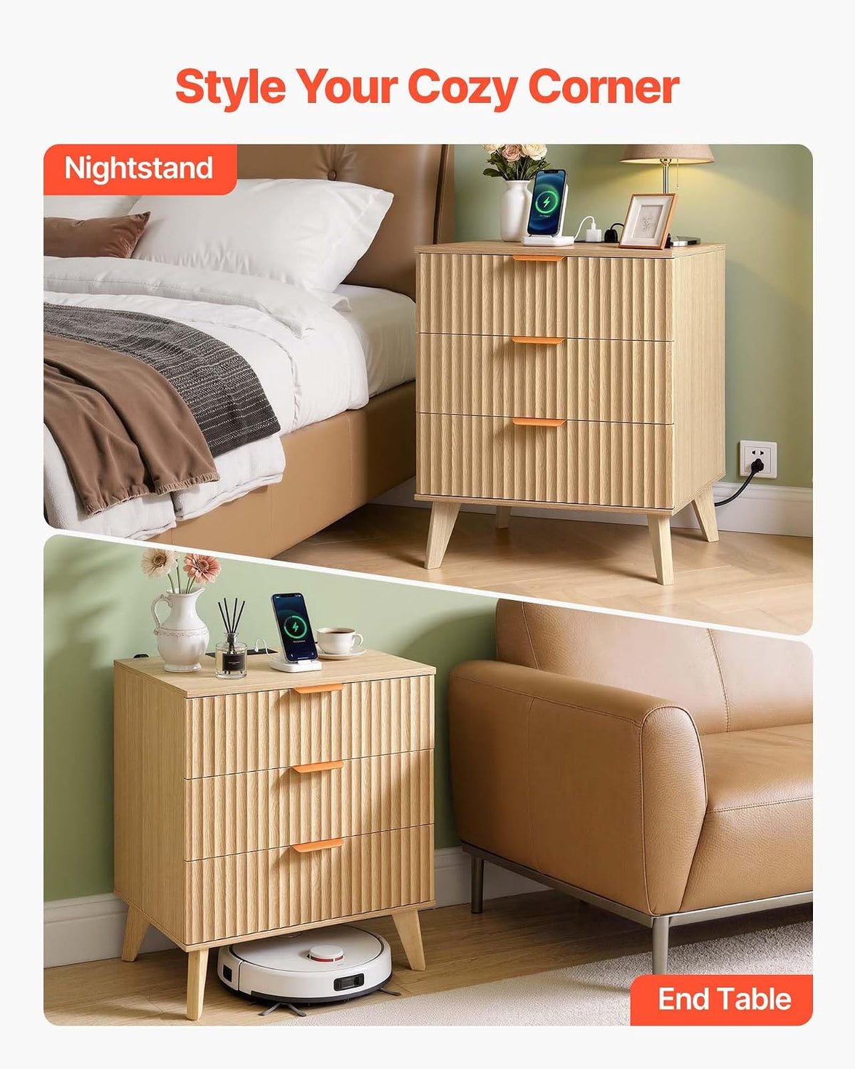 VEVOR Mesita de Noche Acanalada con estación de Carga, 3 cajones, cómoda para Dormitorio, Mesa Auxiliar Moderna de Mediados de Siglo, mesita de Noche, Mueble de Almacenamiento, cómoda, Color Caqui