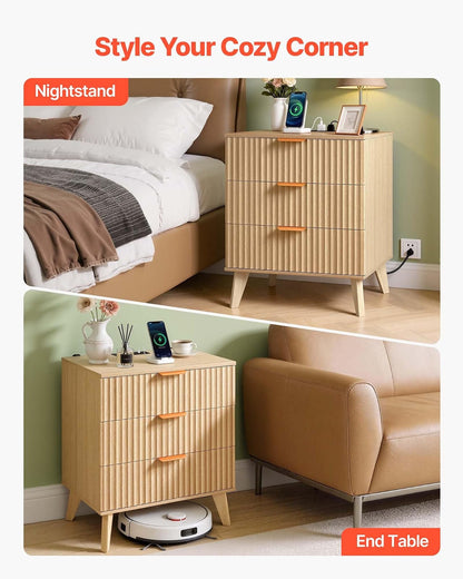 VEVOR Mesita de Noche Acanalada con estación de Carga, 3 cajones, cómoda para Dormitorio, Mesa Auxiliar Moderna de Mediados de Siglo, mesita de Noche, Mueble de Almacenamiento, cómoda, Color Caqui