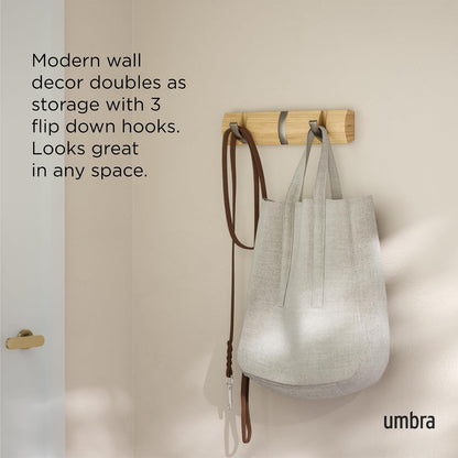 UMBRA - Perchero abatible para colgar en la pared con 3 ganchos – Moderno, ahorro de espacio para sombreros, chaquetas, bolsos, entrada, vestíbulo, clóset, baño, recámara, natural/níquel