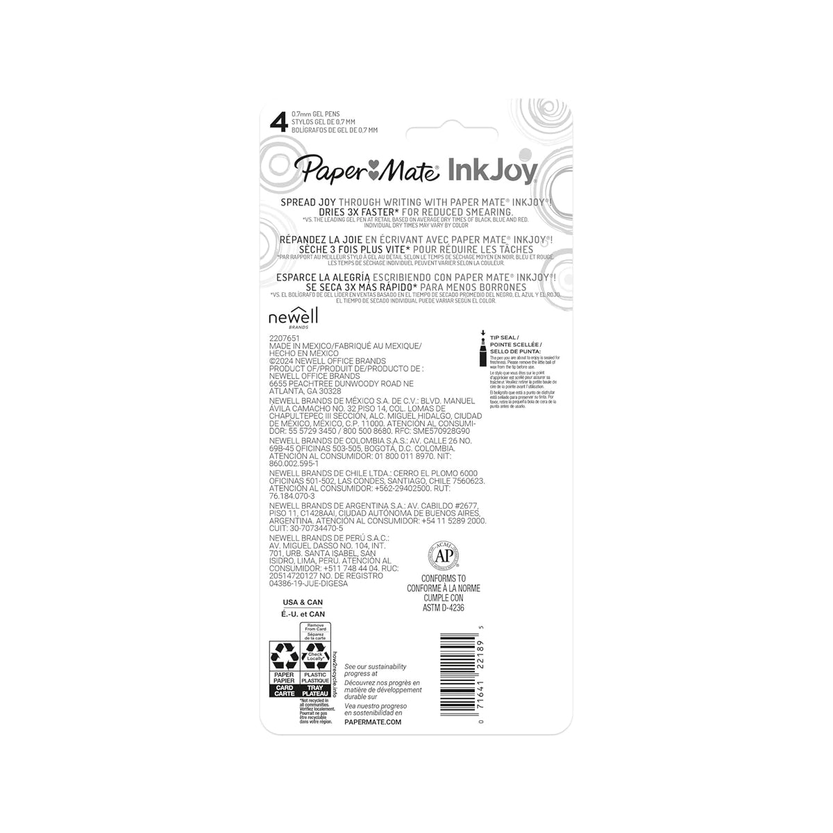 Paper Mate InkJoy - Bolígrafos de gel de colores dulces (0,7 mm), punta retráctil, 4 unidades