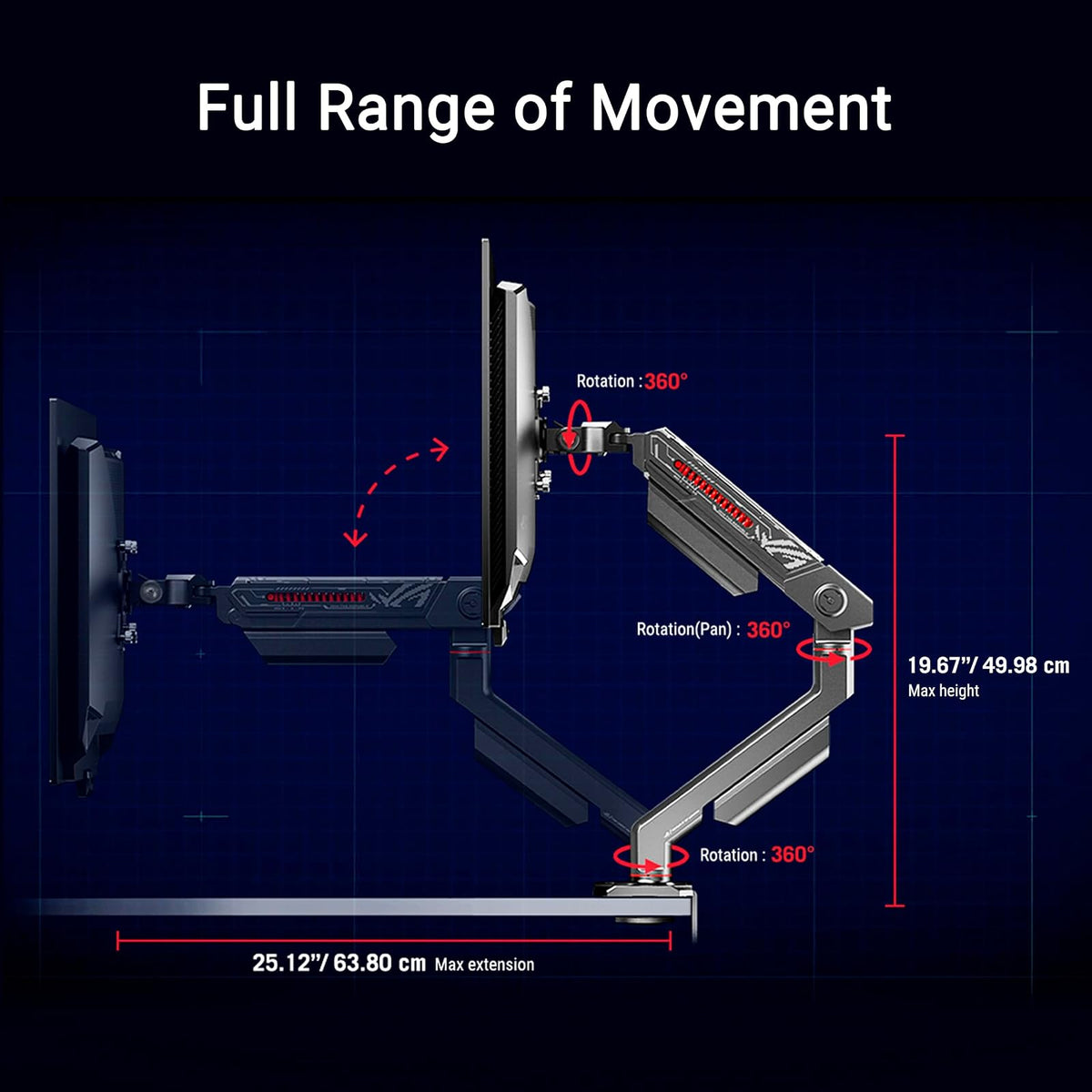 ROG Ergo - Brazo para Monitor (AAS01R) – Soporte mecánico para Monitor con Abrazadera de computadora y Montaje en Ojal, soporta hasta 49 Pulgadas * Dentro de 13,5 kg, pivote/Giratorio/rotación/Altura