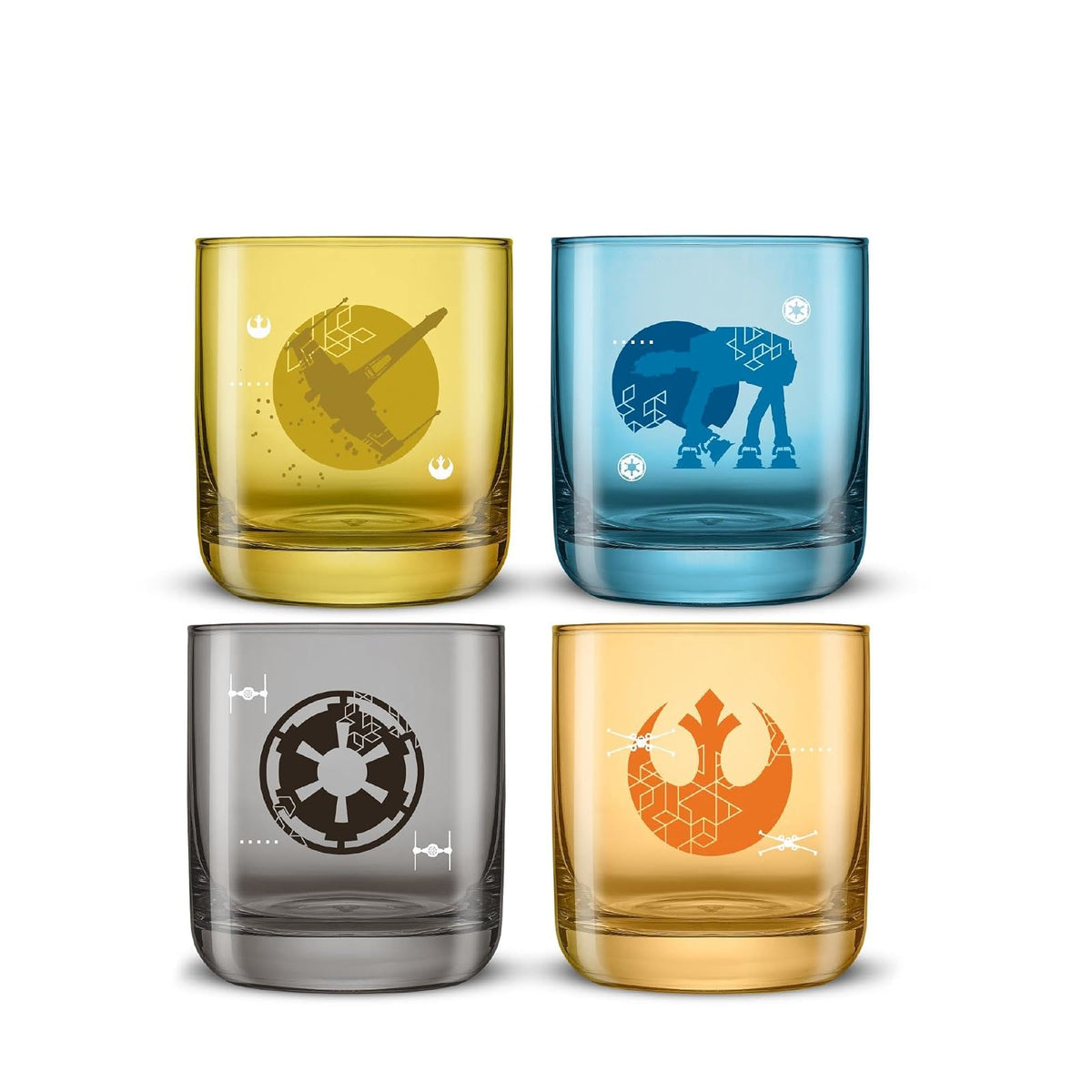 JoyJolt Star Wars Galactic Icons Juego de 4 vasos cortos para beber de 10 onzas, juego de vasos de vidrio de 10 onzas, juego de vasos de cocina, cristalería coleccionable de colores, regalos de Star