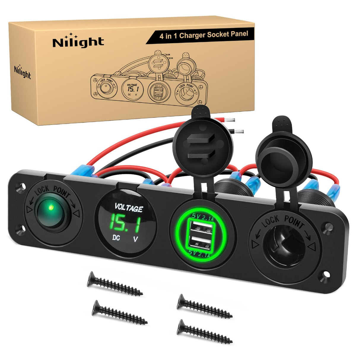 Nilight - Panel de enchufe de carga de encendido/apagado 4 en 1, doble toma USB, toma de corriente, voltímetro LED, enchufe para encendedor de cigarrillos con iluminación LED,