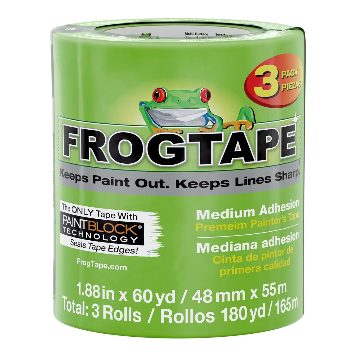 FrogTape - Cinta de pintores multisuperficies con bloque de pintura, 2 pulgadas de ancho (1.88 pulgadas 240661 x 60 yardas), adherencia media, verde, 3 rollos (240661)