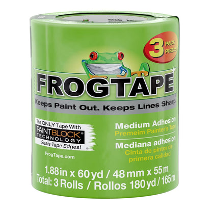 FrogTape - Cinta de pintores multisuperficies con bloque de pintura, 2 pulgadas de ancho (1.88 pulgadas 240661 x 60 yardas), adherencia media, verde, 3 rollos (240661)