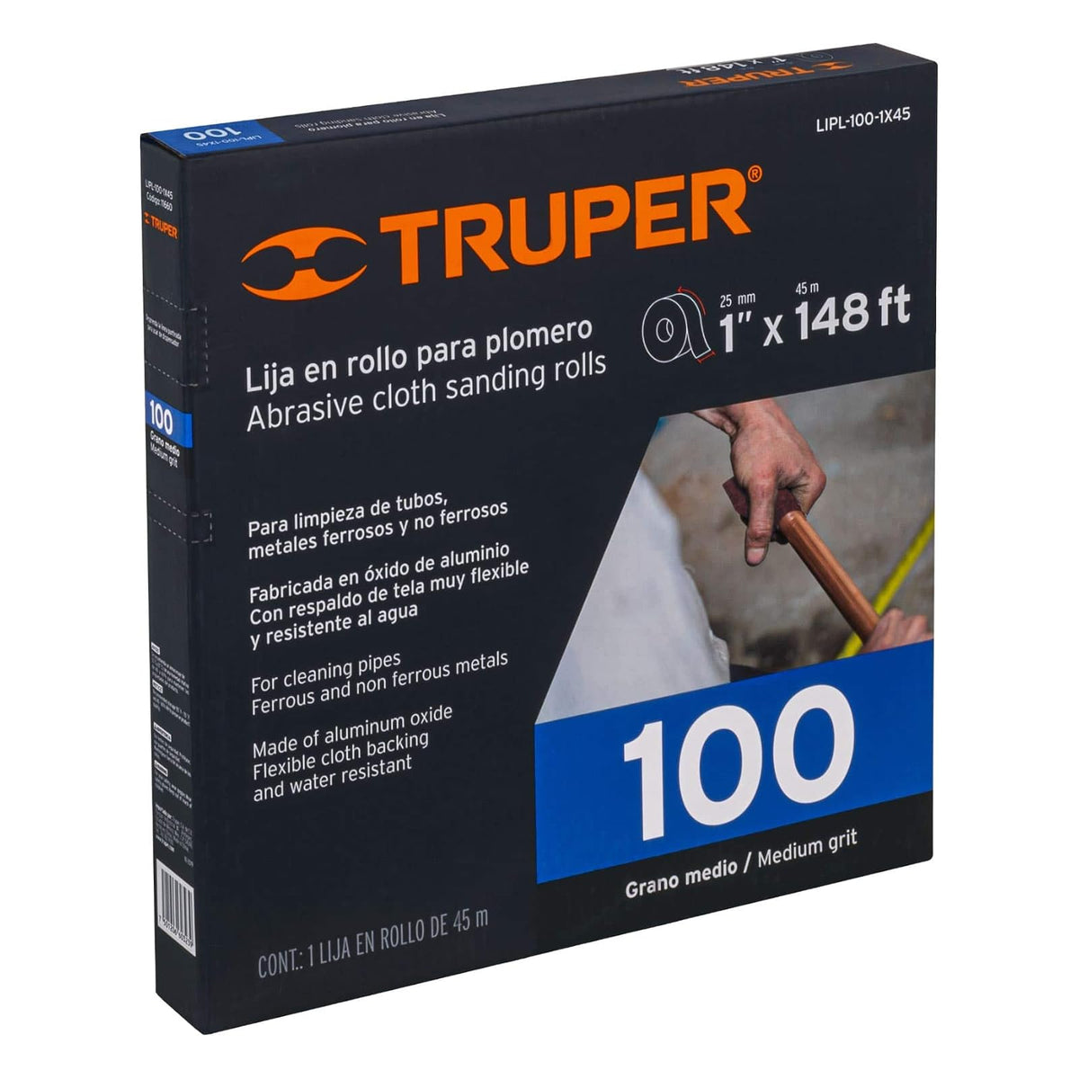 Truper LIPL-100-1X45, Lija para plomero, ancho 1", rollo de 45 m, grano 100