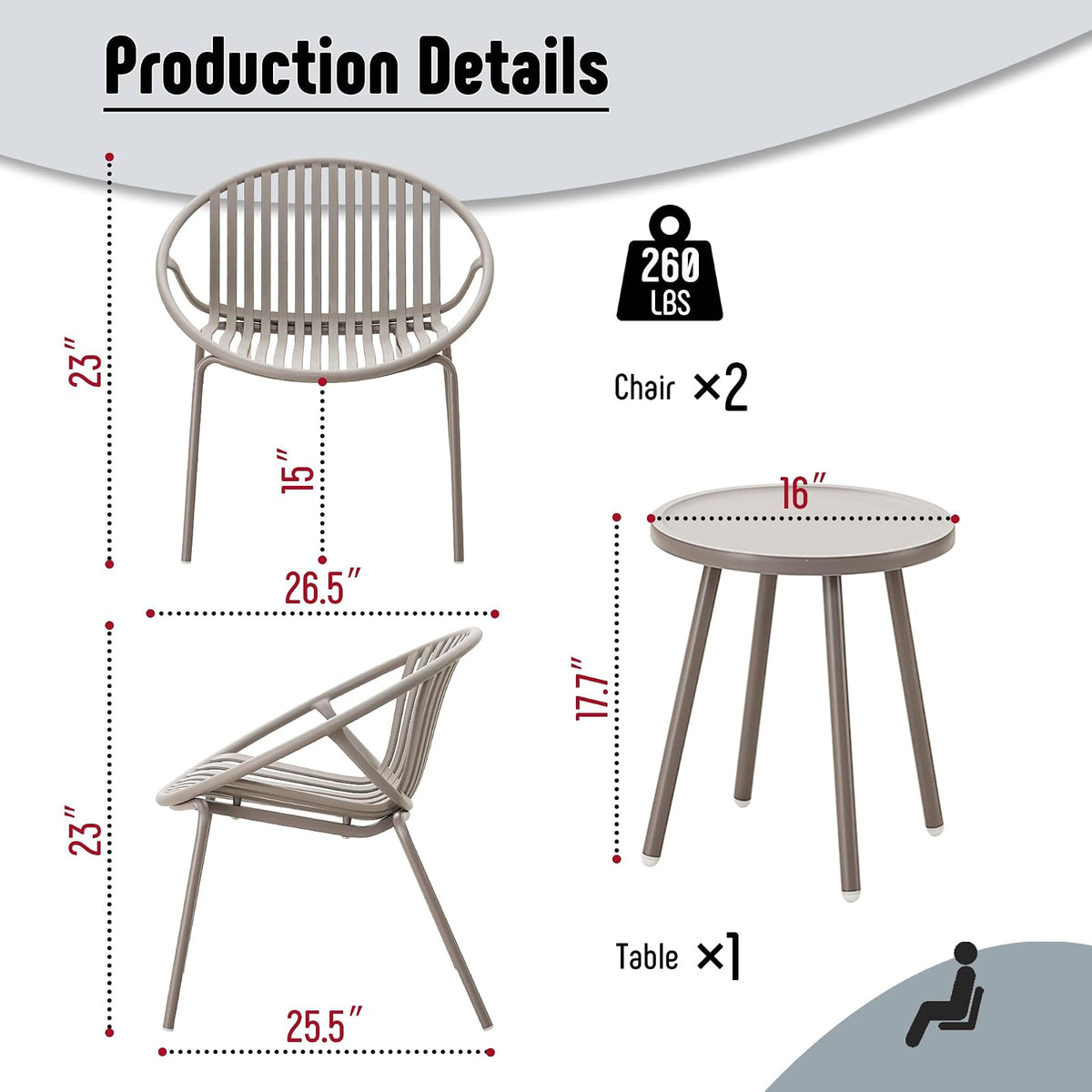 Werph - Juego de Muebles de Patio, 3 Piezas para Exteriores con Mesa y sillas de bistró, Juego de 2 Unidades, Juego de Patio al Aire última intervensión con sillas de Porche y Mesa, Juego de