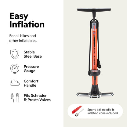 Schwinn Air Center Inflador de Piso para , Compatible con Tipos de válvula Schader y Presta, Incluye Aguja para inflar balones Deportivos para Voleibol, fútbol, y , Color Negro