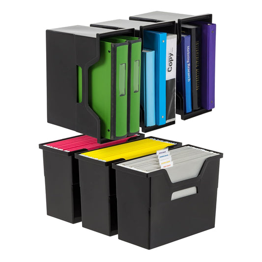 IRIS USA Paquete de 6 Cajas Medianas para Escritorio, Negro | Organiza documentos, correo, revistas y artículos de oficina con almacenamiento portátil para hogar o escuela
