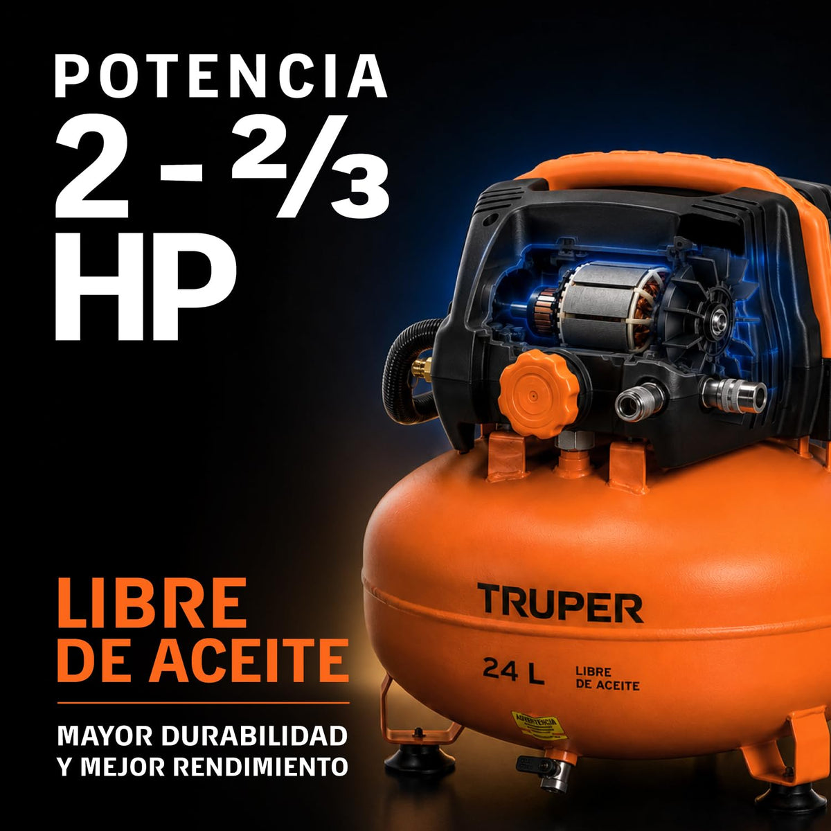 Truper COMP-KIT24S, Kit compresor libre de aceite 24 L, 2-2/3 HP con pistola y manguera